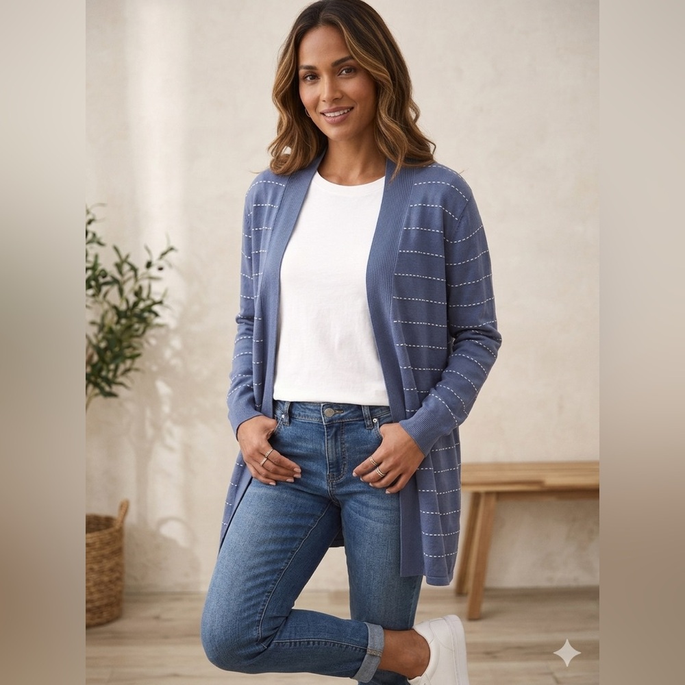 Women's Open-Front Blue Cardigan with Subtle Stripe Stitching